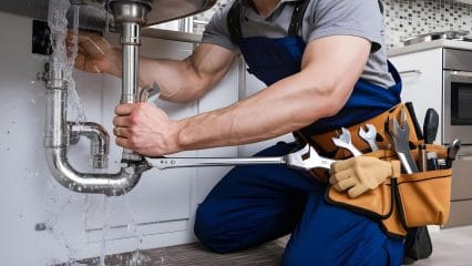 Plumber repairing sink pipes in Monterey, California home
