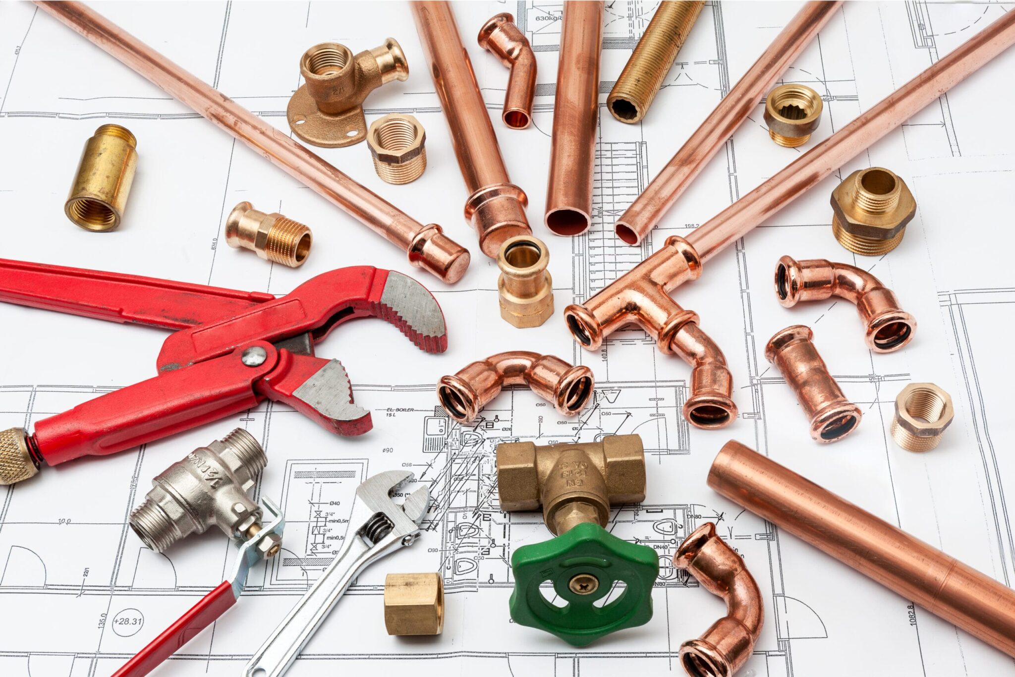 Copper pipes, fittings, valves, and plumbing tools in Monterey